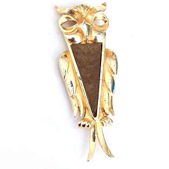 Vintage Goldtone Owl Brooch Leather Accent - Picture 5 of 9
